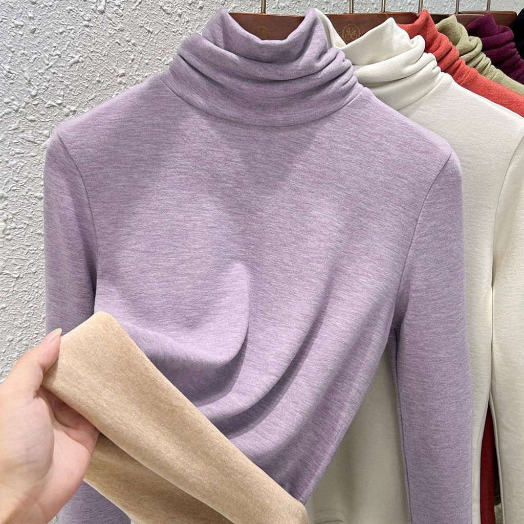Autumn and winter women's clothing containing wool and silk bottoming shirt women's inner heating fleece warm turtleneck top with fleece and thicker