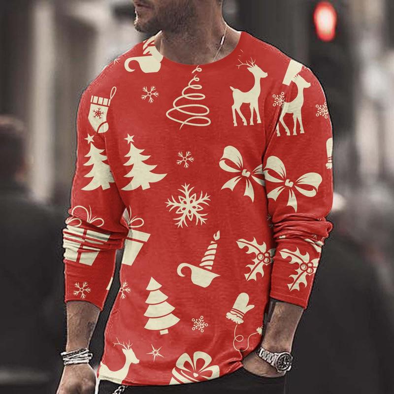 Summer Round Neck Christmas 3D Print Top Fashionable Casual Long Sleeved Men's T-shirts