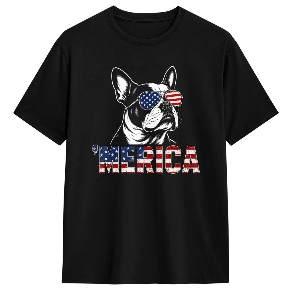 Boston Terrier 4th Of July Patriotic Dog Tshirt Trending T Shirts Shortsleeved Streetwear Tshirt 100 Cotton Oversize Tees