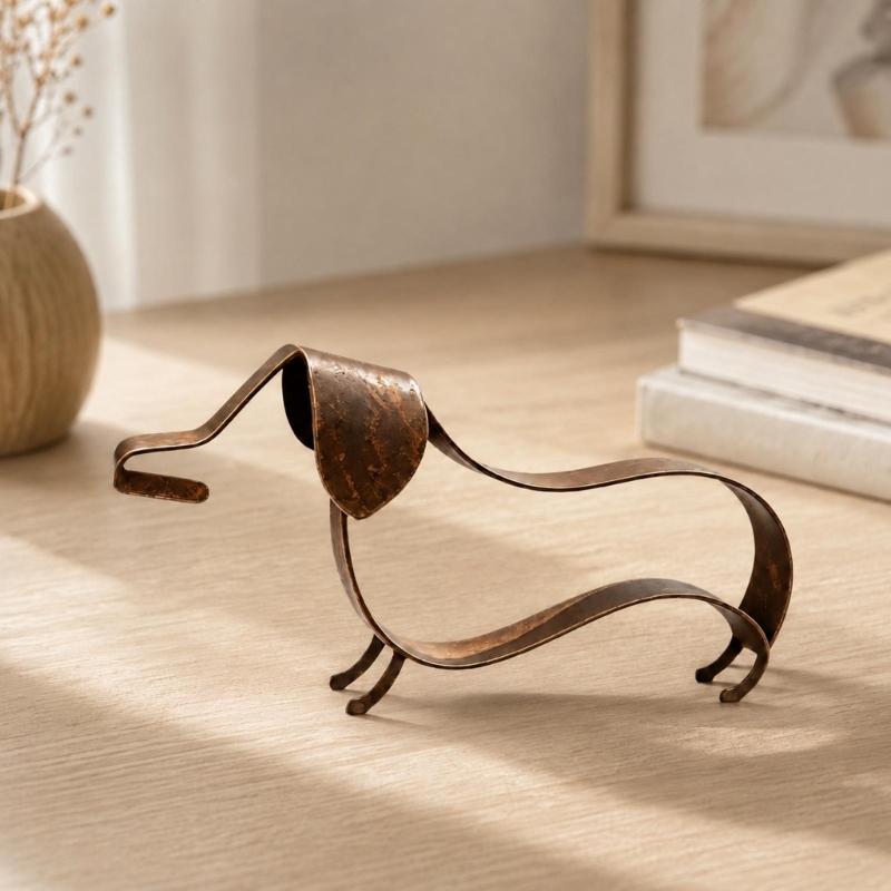 Open-Frame Wiener Dog Sculpture In Metal with a Mottled Aged-Look Finish for Indoor Cabinets, Shelves, and Desktops
