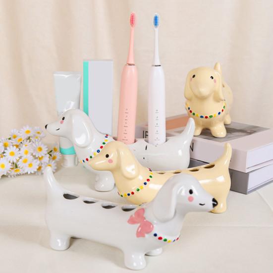 Toothbrush Holder Dachshund Shape Ceramic Multi-Slot Design Waterproof Bathroom Organizer Non-Slip Stable Base Manual Toothbrush