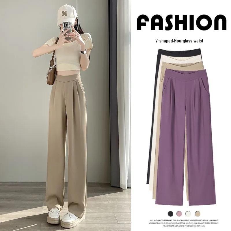 Women's Casual Ice Silk Pleated High-Waisted Pants - Summer Petite, Thin & Slimming Suit Pants