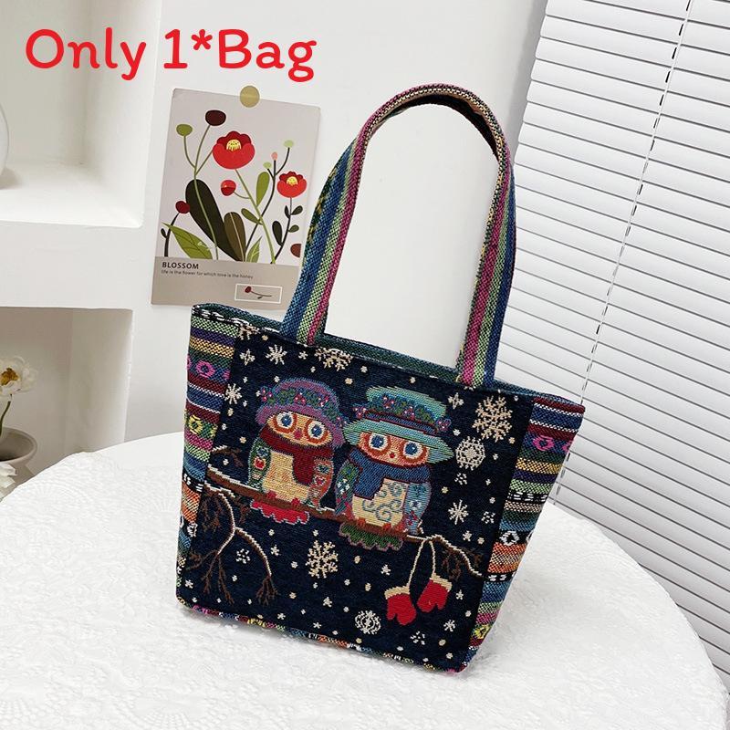 Cartoon Elephant Owl Canvas Handbag With Embroidery For Daily Casual Use