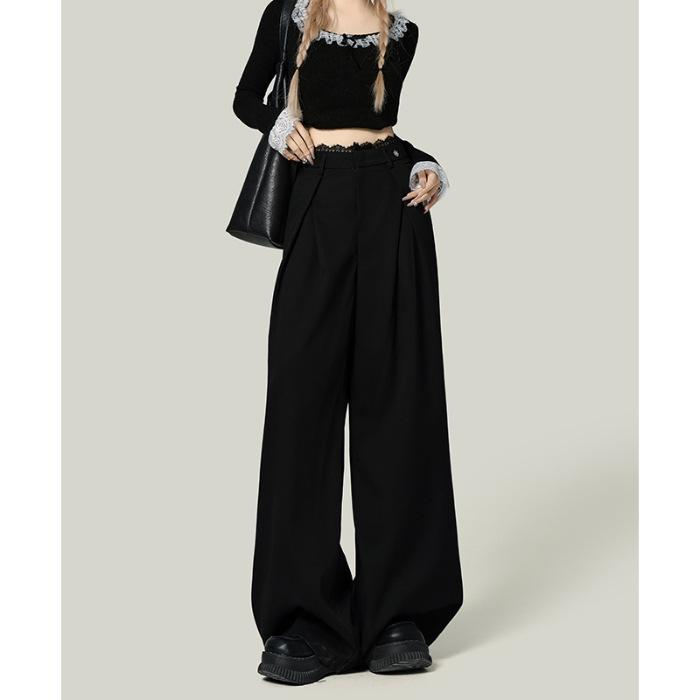 

Black Lace Patchwork Wide Leg Casual Suit Pants for Women - Spring 2025 Collection 2X Large чёрный