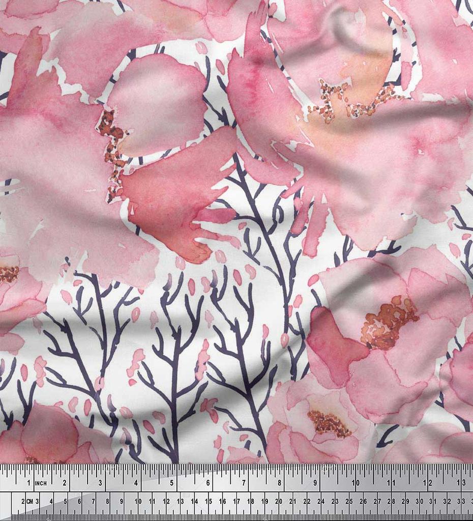 Soimoi Japan Crepe Satin Fabric Peony Watercolor Printed Craft Fabric by the metre 42 Inch