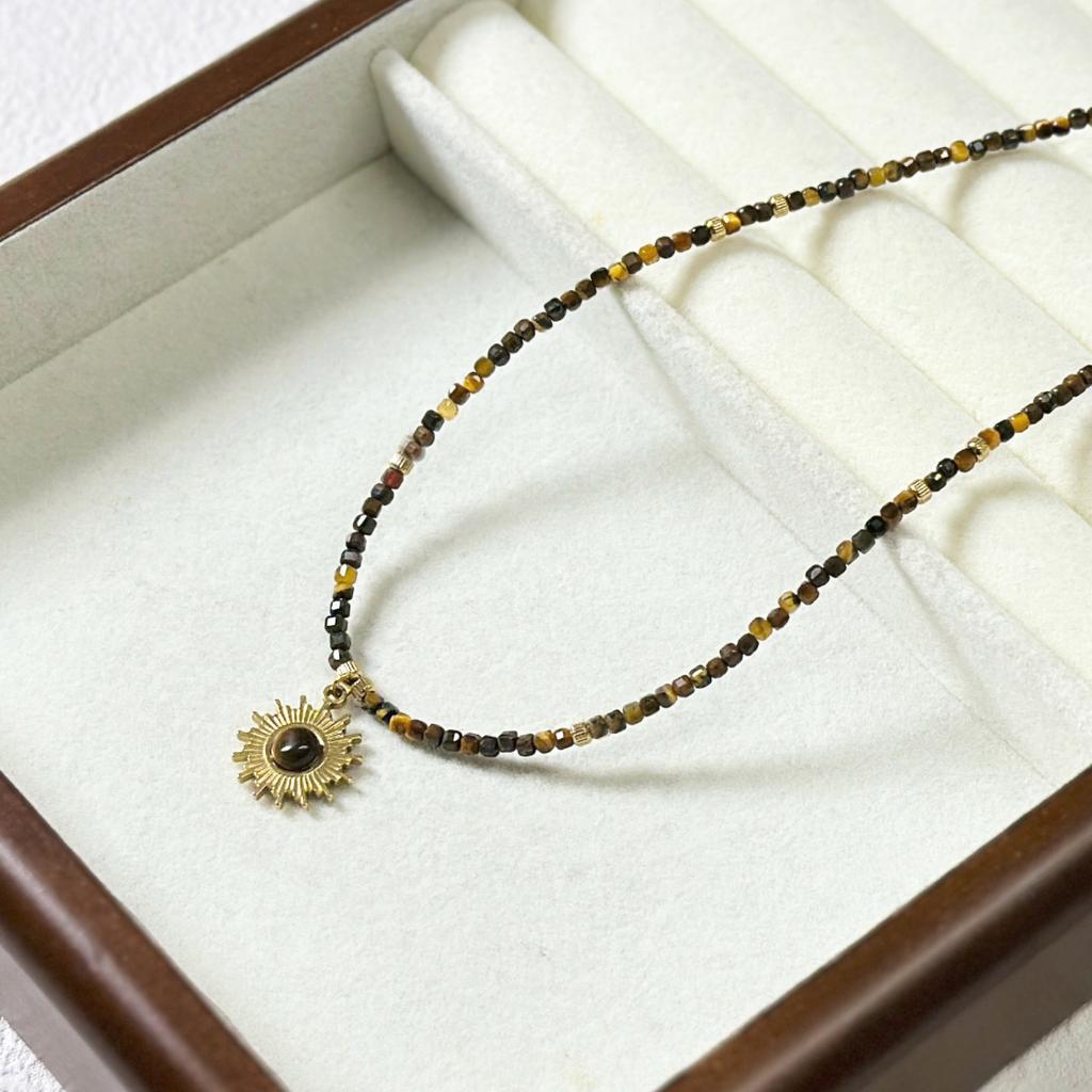 Natural Tiger Eye Stone Handmade Necklace High-end Sweater Chain Beaded Pendant  Collarbone Chain