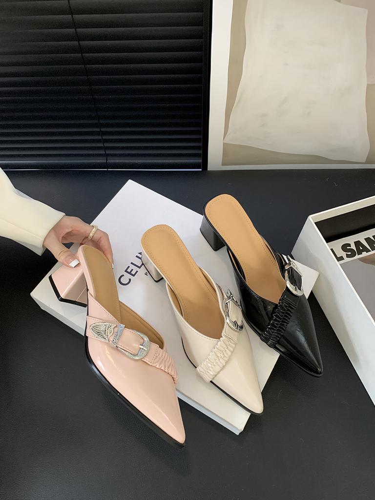 Mode Spitzschuh Damen Pantoletten Mules Schuhe Dicke Hohe Absätze Sommer Draußen Party Pumps Gürtelschnalle Flach Slip On Party Pumps 35-39