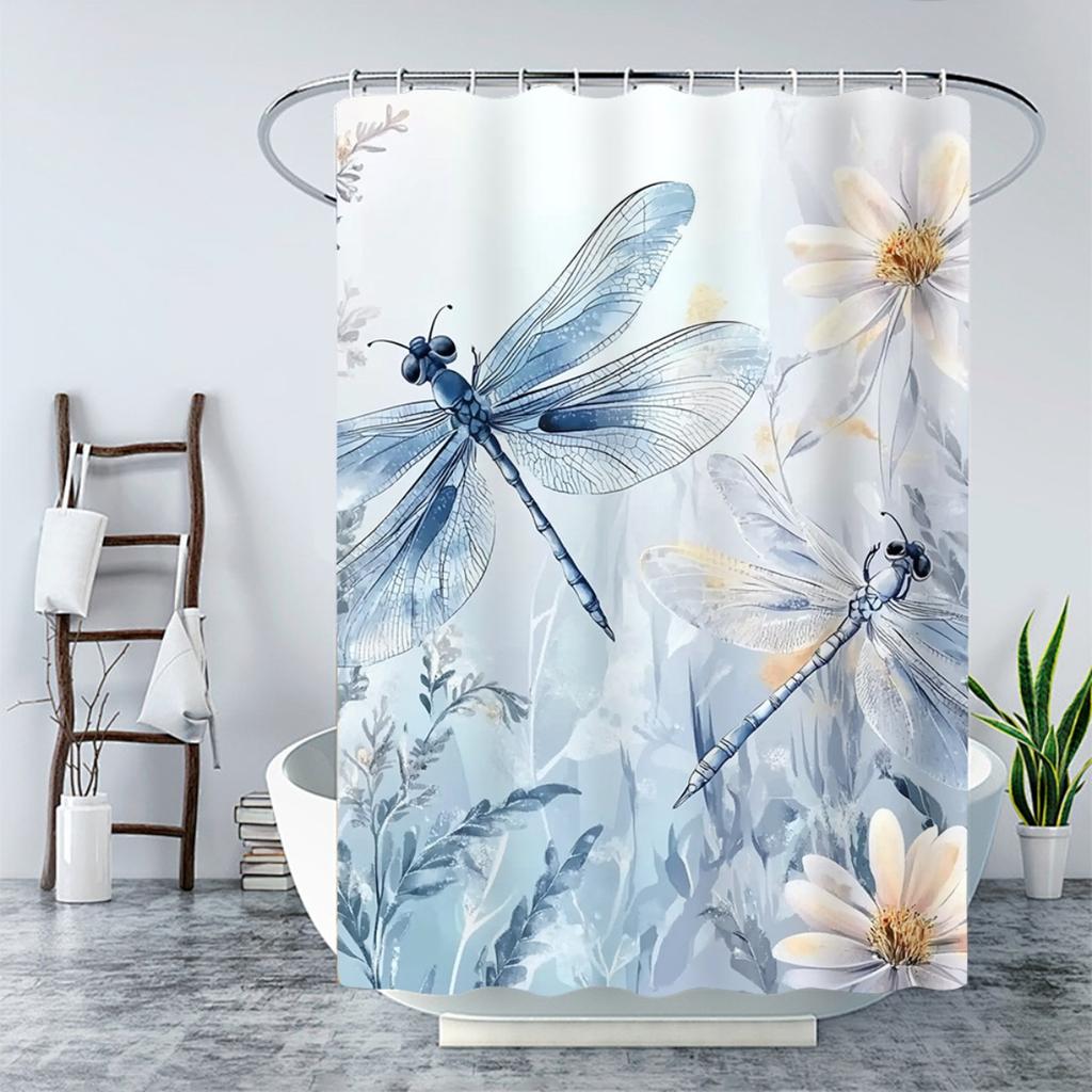 1/4Pcs Blue White Floral Dragonfly Bathroom Decor Set Waterproof Shower Curtain with Anti Slip Mat and Toilet Cover All Season Home Decor Gift