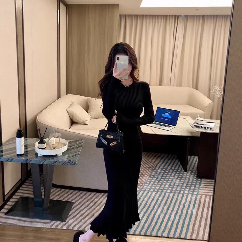 

French Chic Autumn/Winter Knit Dress: Slim Fit Fishtail Skirt with Elegant Style XL чорний