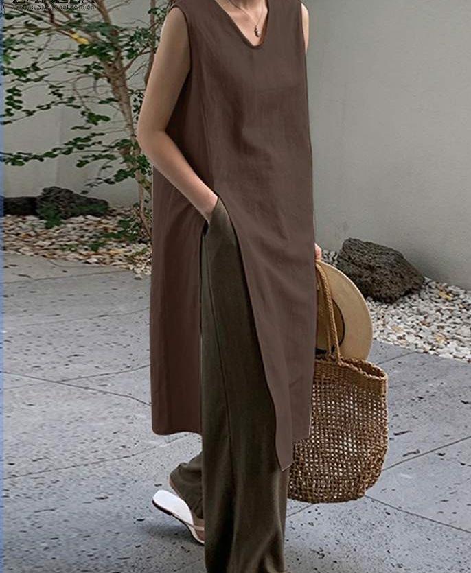 2025 Summer Sleeveless V-neck Linen Cotton Over-the-Knee Dress for Women - Solid Color, Simple Slit Design