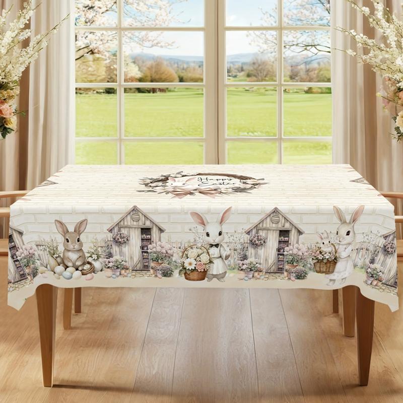 Rustic Easter Tablecloth Farmhouse Bunny Eggs Table Cover Easter Decorations for Home Kitchen Dining Spring Garden Tablecloth
