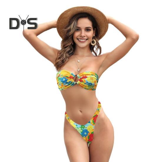 2 stk/sett Dame Bikini Sett Bandeau Polstret Trådløs Bikini BH Høy midje Badebukser Sett Splittdesign Blomstertrykk Badebukt