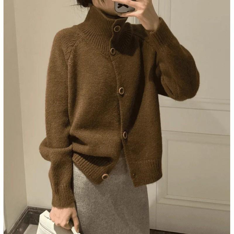 Autumn Winter Stand Collar Solid Color Casual Fashion Knitting Top Women Simple All-match Cardigan Coat Top