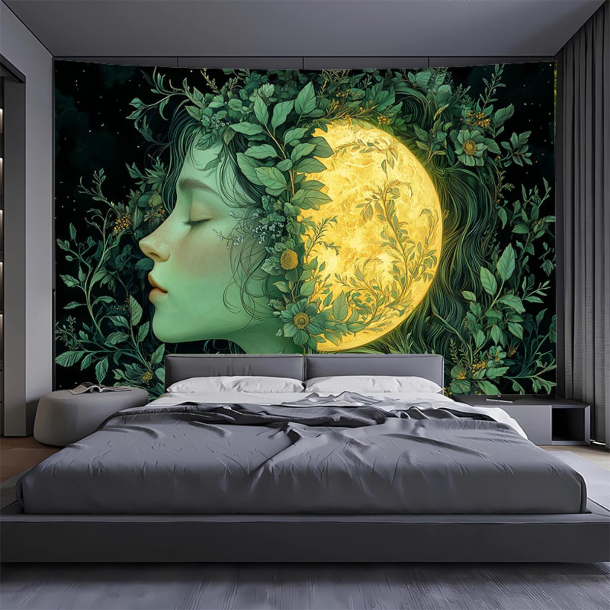 2D Flat 1pc Sun and Moon Goddess Mandala Tapestry  Bohemian Wall Hanging with Green Goddess Art Mystical TattooInspired Desi 74x94cm(29x37in)