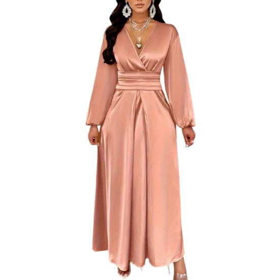 Women Summer Satin V-Neck Dress Elegant Long Gown with Puff Sleeves & Cinched Waist