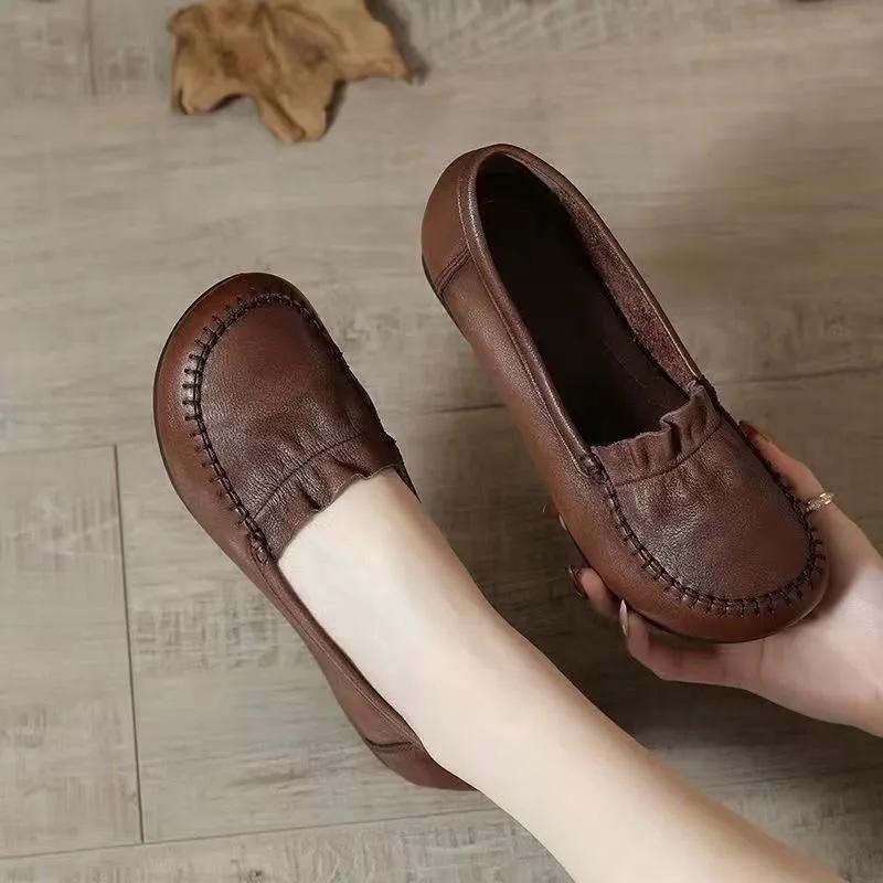 Peas Shoes Fashion Flat-bottomed Soft Leather Single Shoes Spring and Autumn Round Toe Mother Leather Shoes