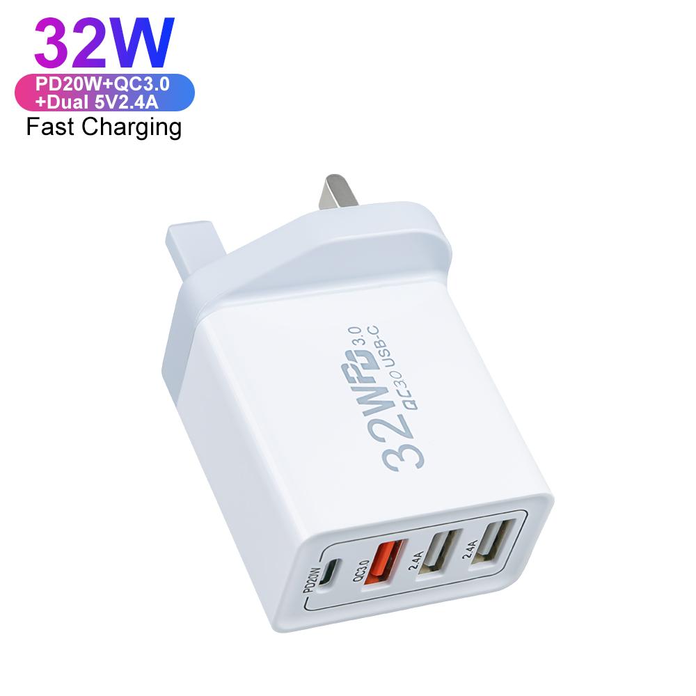 PD QC3.0 4-Port USB Type C UK Wall Charger Adapters 32W Fast Charging for IPhone Portable Travel Adapter