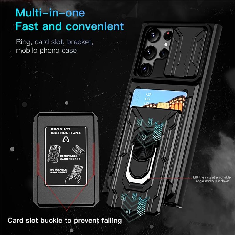 Phone Case For Samsung Galaxy S23 Ultra Plus Shockproof Card Holder Slide Camera Protection Armor Ring Cover On For Samsung S23 S23Ultra S23Plus Cases