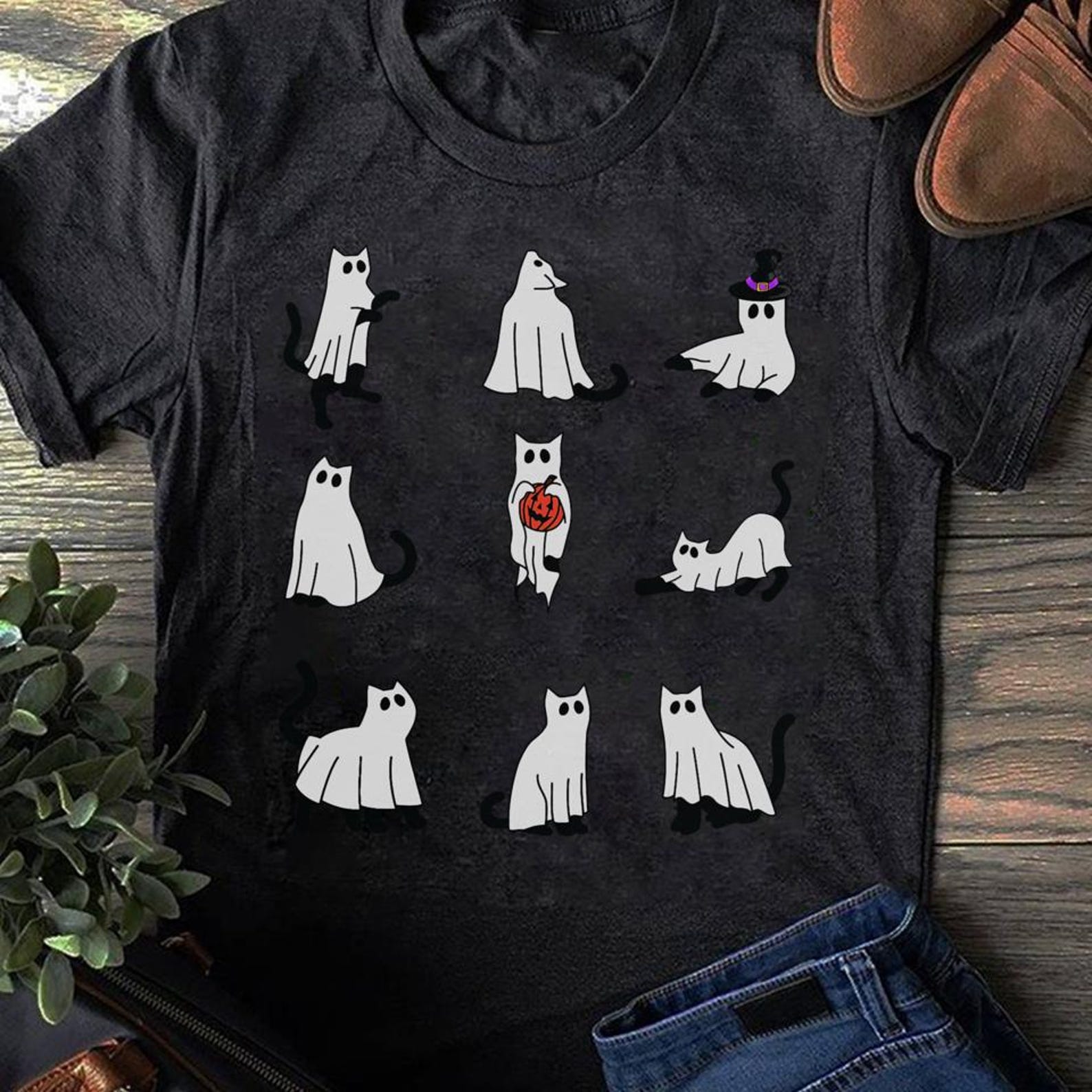 Ghost Cat Halloween T-Shirt: Funny Black Cat Costume Outfit L