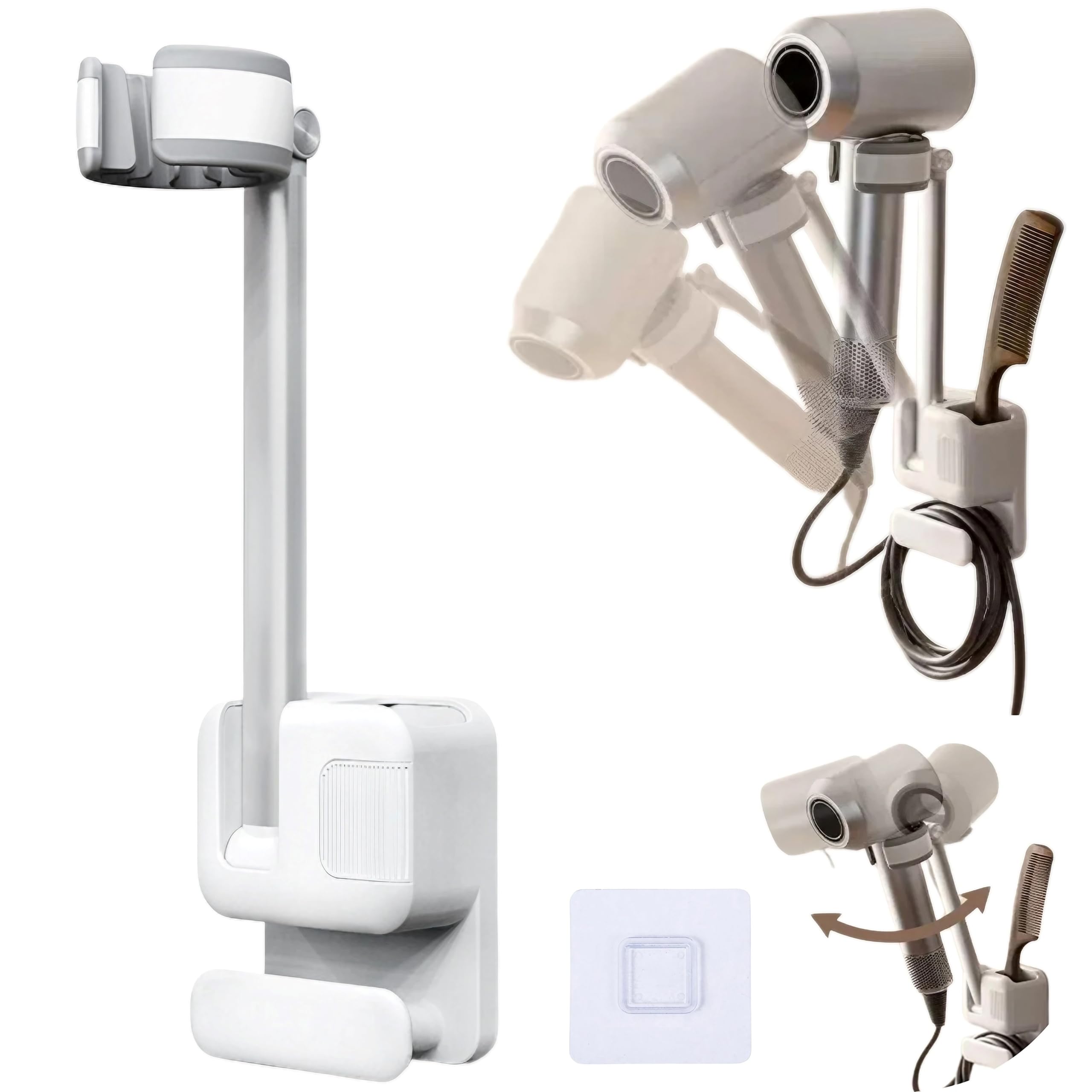 

Настенный держатель для фена East Leaf, вращающийся на 360°, с сильным клеем, легкий, с крючком для хранения, белый