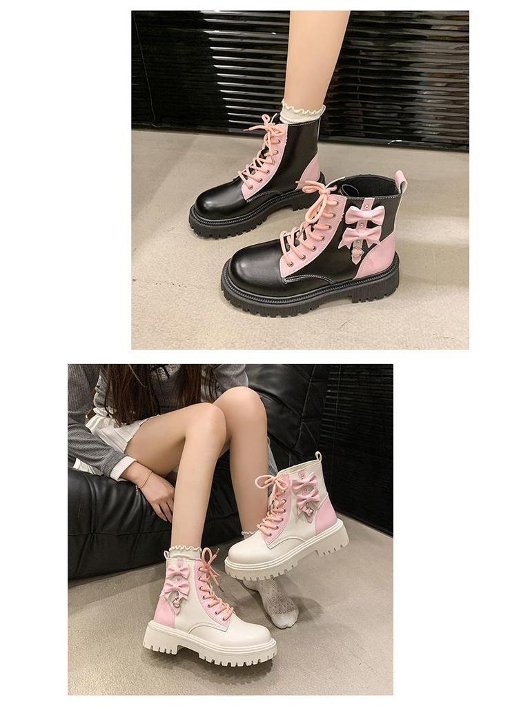 Women's Pink Bow Heart Martin Boots - Trendy 2025 Platform Ankle Boots for Spring & Autumn
