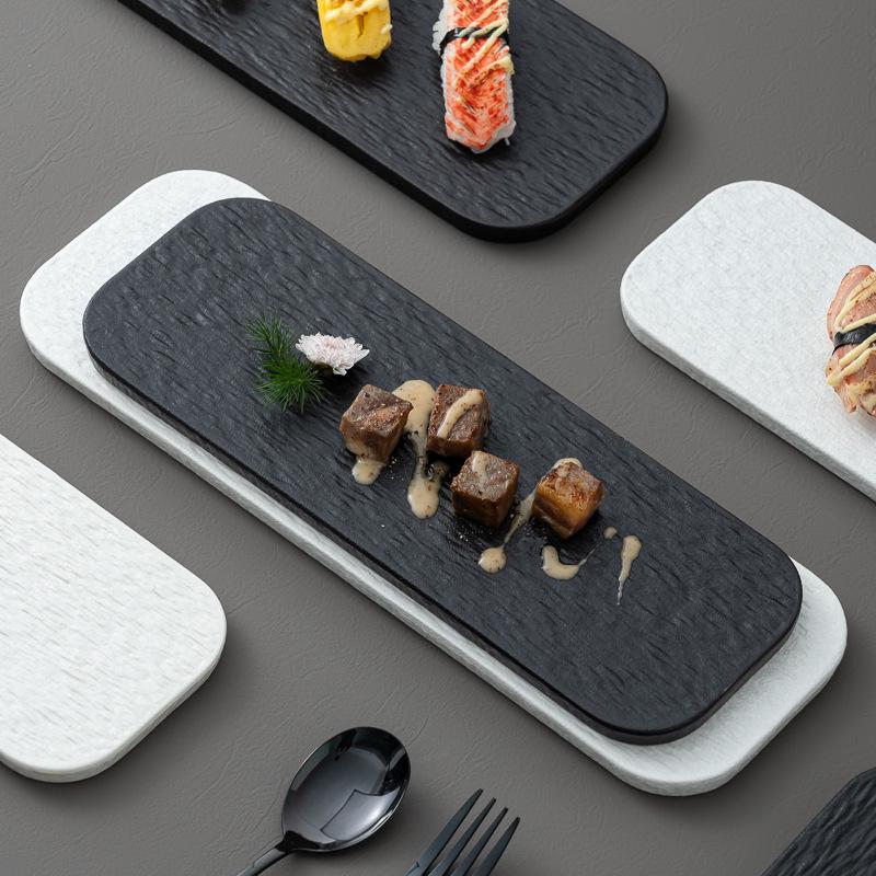 Black White Solid Color Rock Grain Restaurant Rectangular Plate Ceramic Long Plate Sashimi Plate Inventory Heart Sushi Utensils