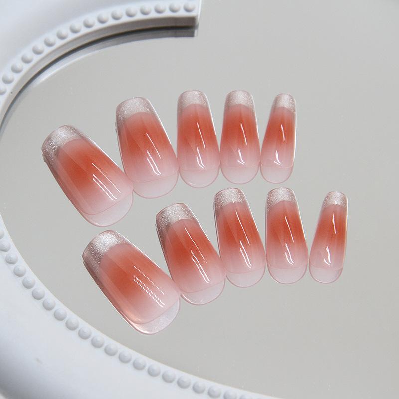 24 Pieces Blush French Cat's Eye Wearing Nail Removable Medium and Long T Nail Patch Nail Patch Ins Wind Whitening Live Nail Patch