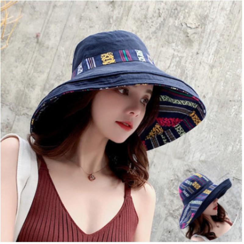 Women's Summer Large Brim Double-sided Sunshade Fisherman Hat Ethnic Wind Personality Sunscreen Beach Hat