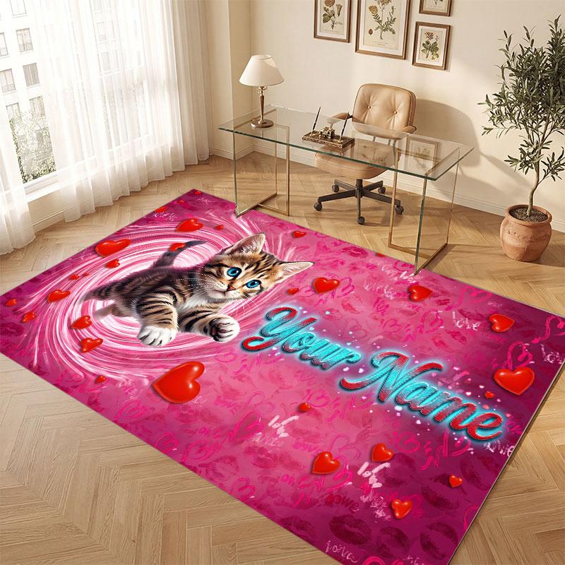 Cat Theme Crystal Velvet Floor Rug Personalized Custom Name Text Warm Carpet Home Decoration