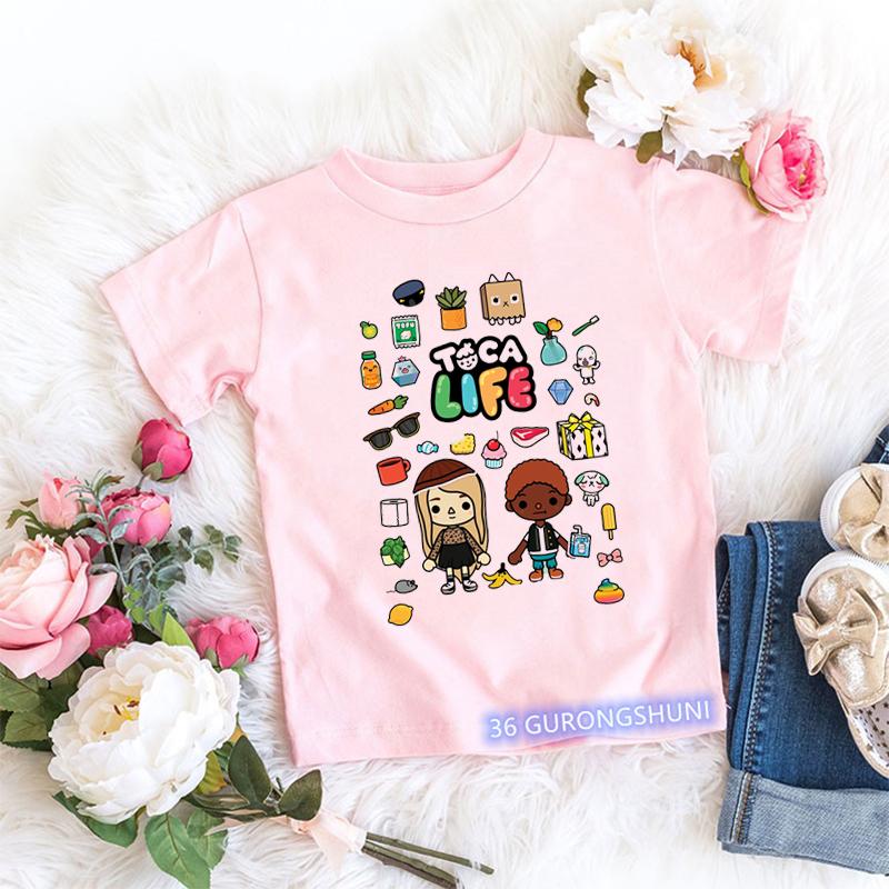 Magliette Kawaii per Bambini Divertenti Stampa Cartone Animato Mondo Toca Videogioco Maglietta per Bambini Piccoli Moda Estiva Magliette per Bambine Top Rosa