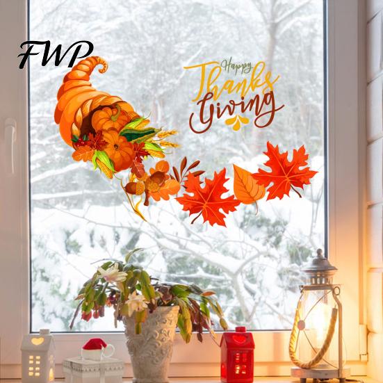 Autumn Harvest Wall Decals Festival Stickers for Thanksgiving Decor, PVC Cornucopia Pumpkins And Maple Leaves Decals, Festive Art Peel Stick