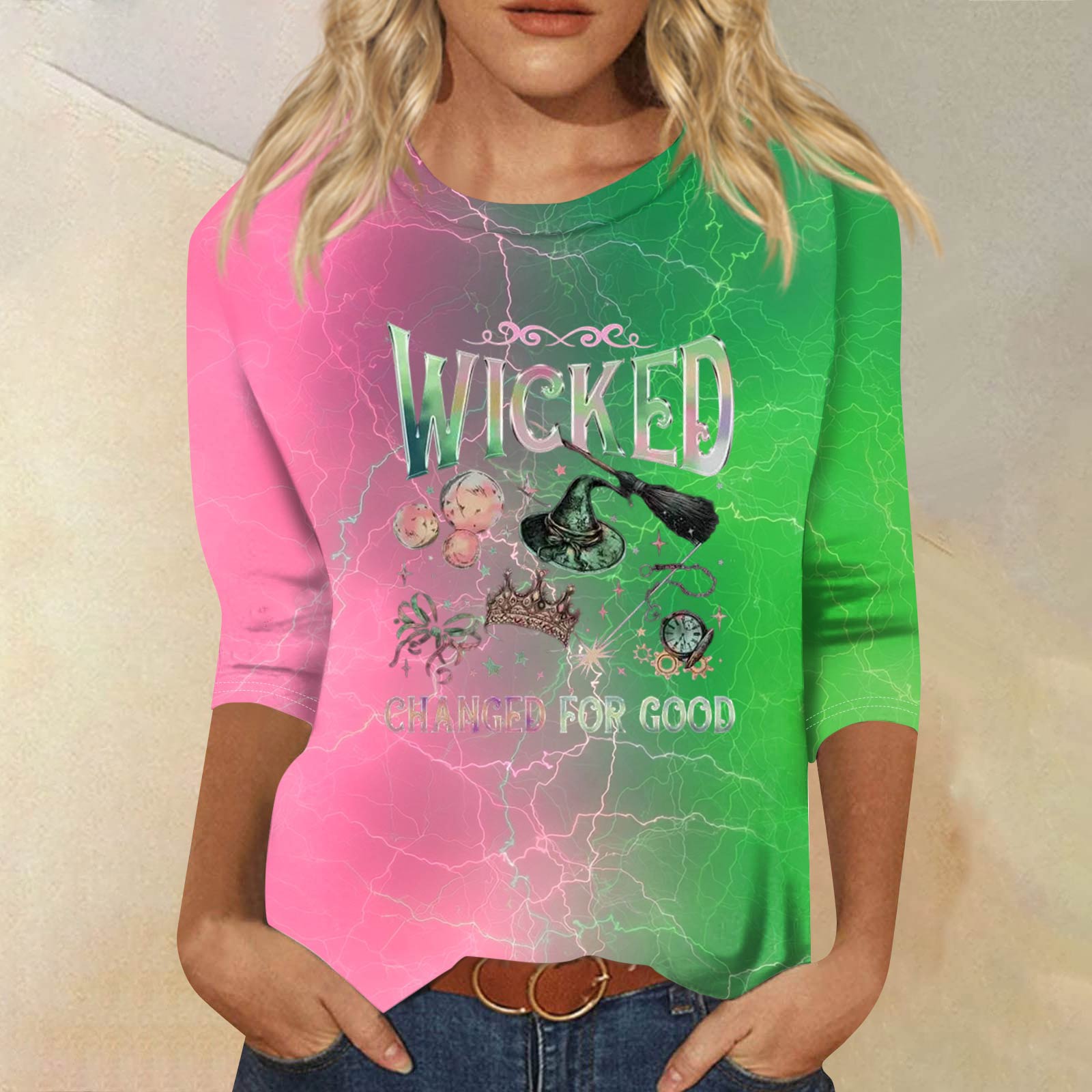 

Женский модный повседневный топ с принтом, рукавом три четверти и круглым вырезом L