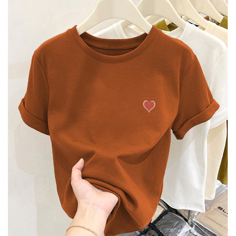 Niche design sense front shoulder cotton short-sleeved t-shirt women's fashion versatile pink top thick bottoming shirt summer