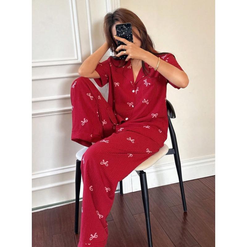 Women Striped Bow Turn Down Collar Short Sleeve Long Pants Two Piece Pajama Loungewear Set