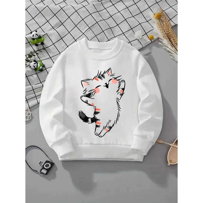 European sizes Kids' Crewneck Sweatshirt - Cute Cat with Pink Blush And Black , Sportswear And Casual Wear, Soft And Comfortable, Children's Clothing