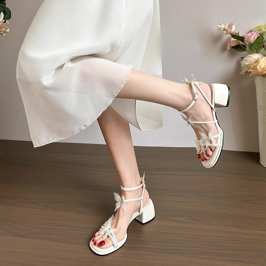 Soft leather version~ bow sandals women's 2025 summer new French summer with skirt super fire thick heel high heels