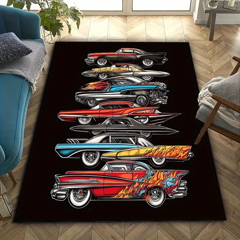 Dlouhá protiskluzová polyesterová koberecová podložka na podlahu do ložnice v retro stylu se vzorem klasických vozidel - Prostorná podložka pro domácí dekoraci