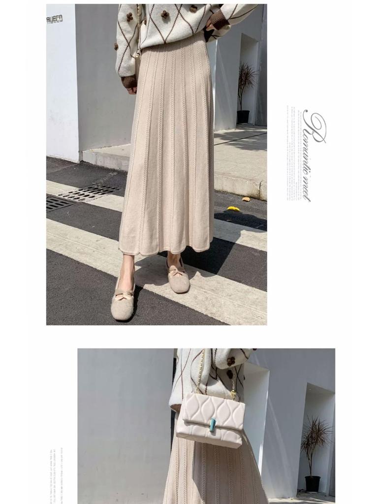 Women's Black High-Waist A-Line Woolen Skirt - Ribbed, Thickened, Autumn/Winter Casual Skirt