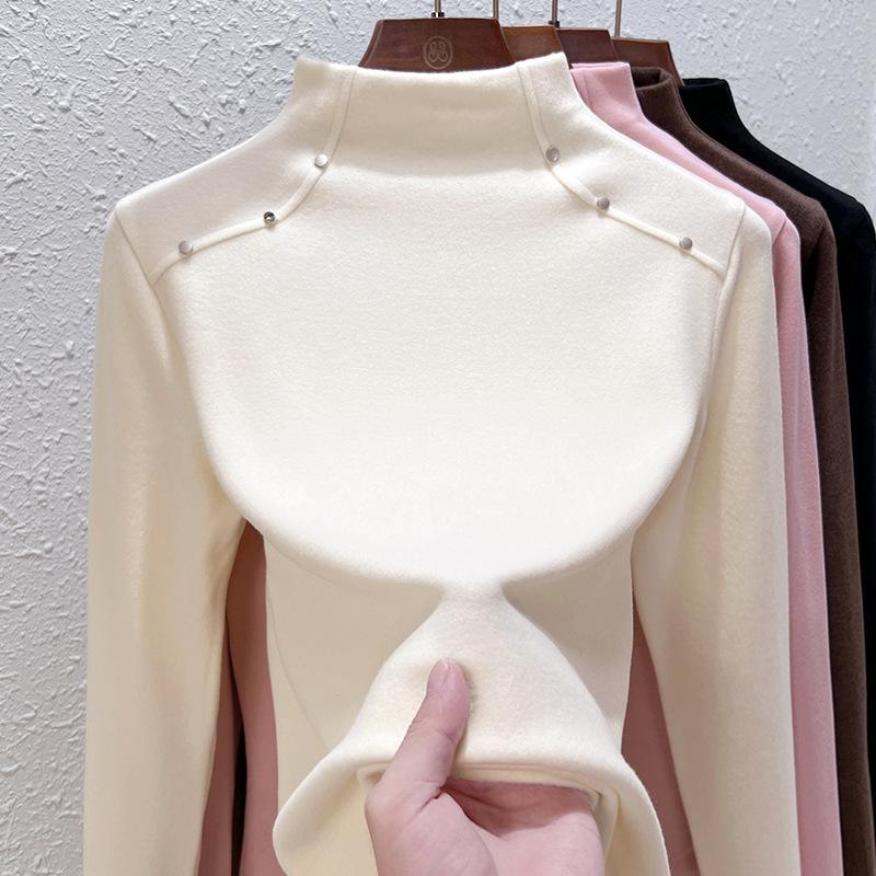Middle Collar Double-sided German Velvet Bottoming Shirt Women's Integrated Velvet Piled Thickened Thermal Top, New In Spring, Autumn and Winter