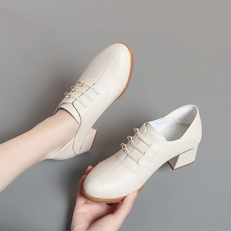 Fashion 2025 Women's Spring Leather Shoes Solid Color Round Toe Chunky Heel Loafers Female Fashion Office High Heels Shoe Mom's Shoes