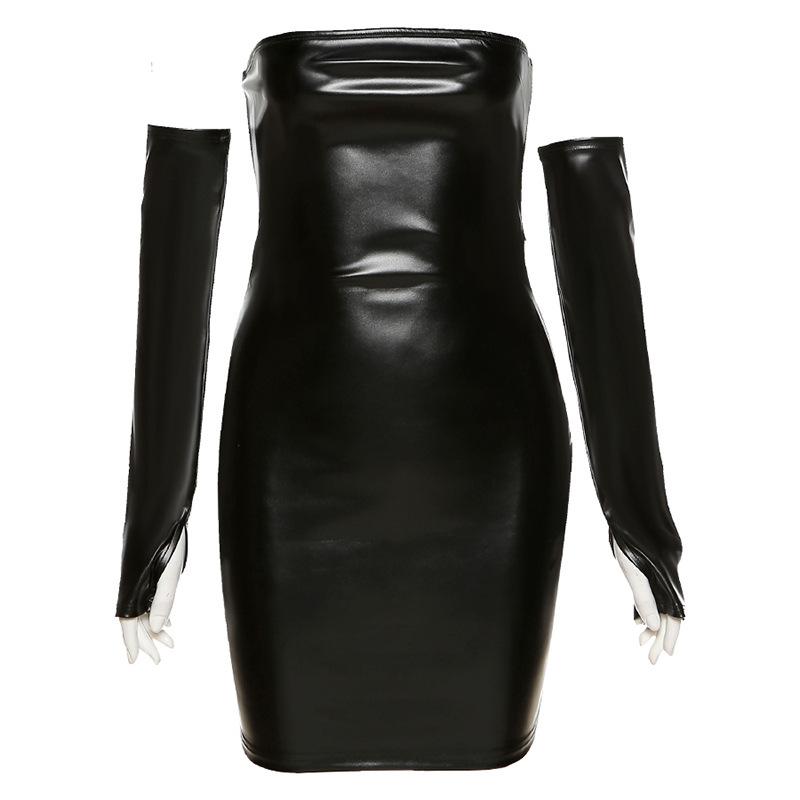 Spring Summer Sexy PU Strapless Women Solid Color Slash Neck Club Style Hip Short Dress