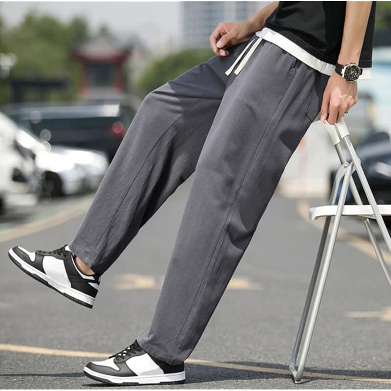 [JHIJSC] sarouel pants men's pants spring Relaxing cotton linen Plain color wide pants Fashionable big size (JP, alphabet, XL, gray)