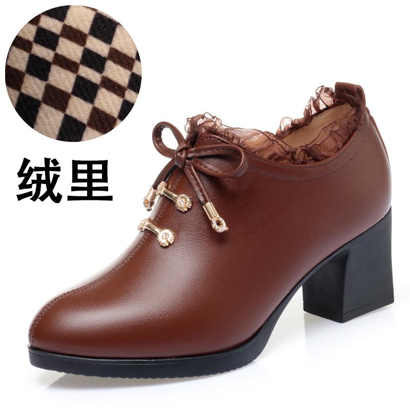 Women Spring Autumn New Fashion Lace Soft Leather Platform Pumps Korean Style Casual Waterproof Pointed Toe Single Shoes