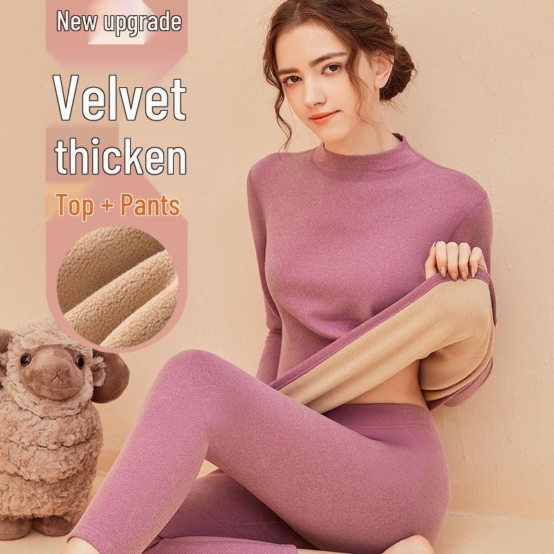 Camel Wool Fleece-Lined Underwear Set: Thick, Warm Base Layer for Women - Ideal for Autumn and Winter.