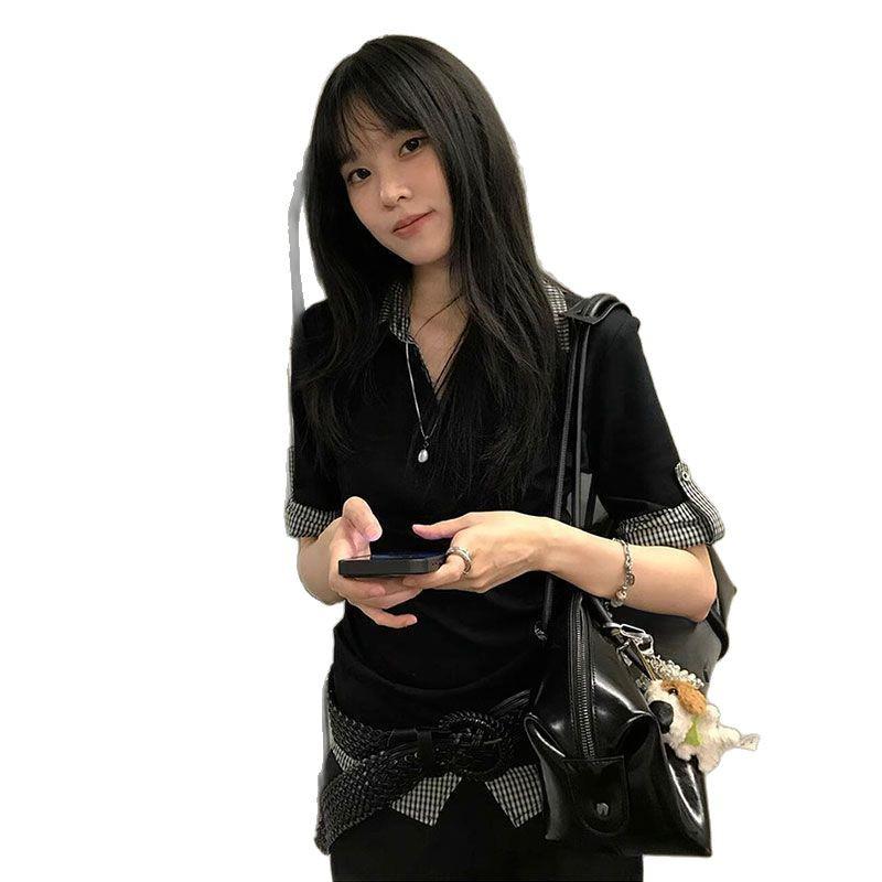 Y2K Spring Fashion Color Block Polo Collar Short Sleeve T-Shirt - Sexy Slim Fit Two-Piece Look.