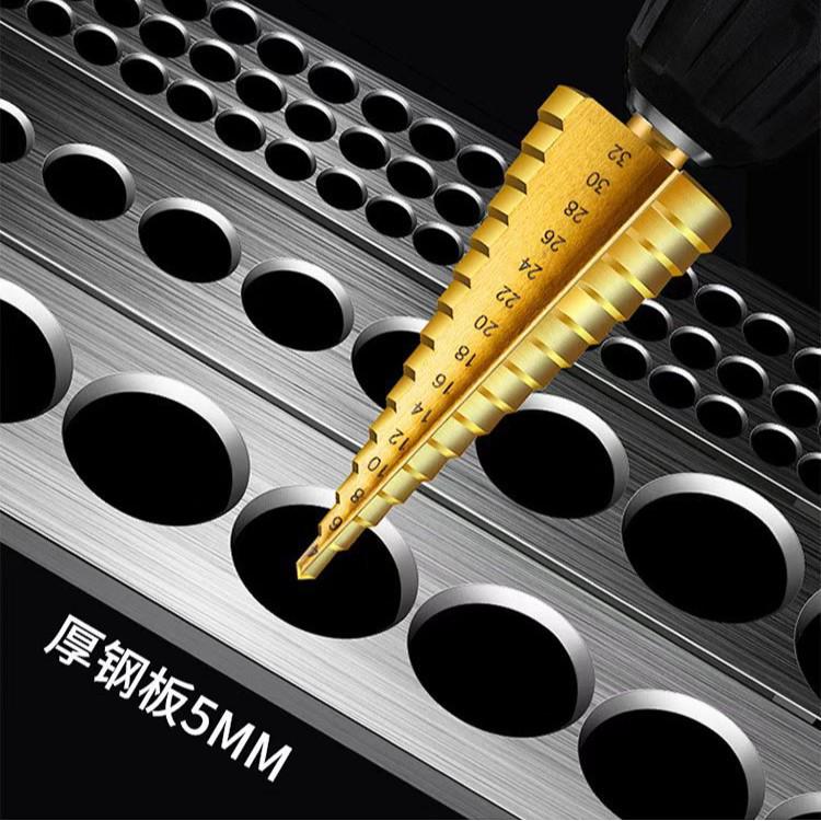 6-Piece Titanium Coated Serrated Step Drill Bit Set - Rustproof, Durable, High-Efficiency Twist Hole Opener.