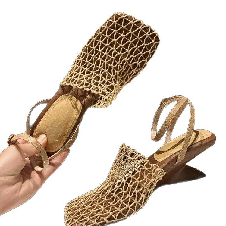 Temperament niche square head breathable woven mesh weave heel high heel sandals empty bag head hollow woven fishing net shoes