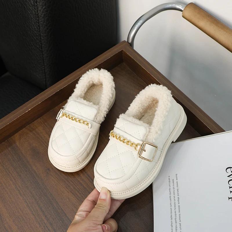 Winter Children's Shoes Solid Color Girls Loafers 2024 New Versatile Kids Causal Flat Cotton Shoes Fashion Outdoor Warm Non-slip