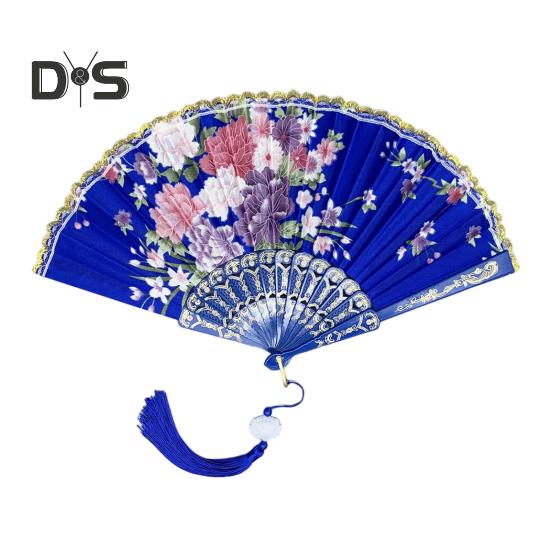 Chinese Style Flower Folding Fan with Tassels Portable Summer Hand Held Cooling Fan Decoration Dance Performance Props Party Costume Accessories