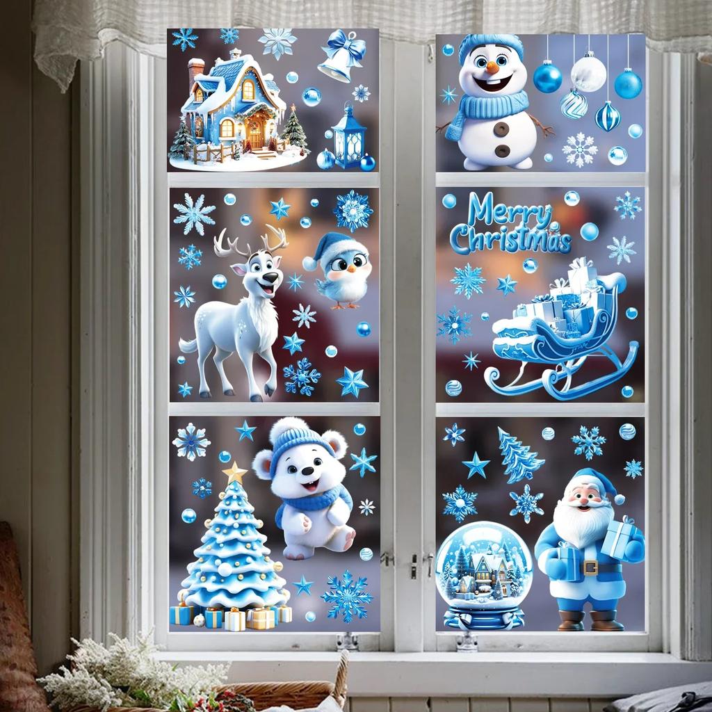 9 Sheets Christmas Window Clings Cute Santa Snowman Reindeer Merry Christmas Glass Stickers  Winter Wonderland Window Decals